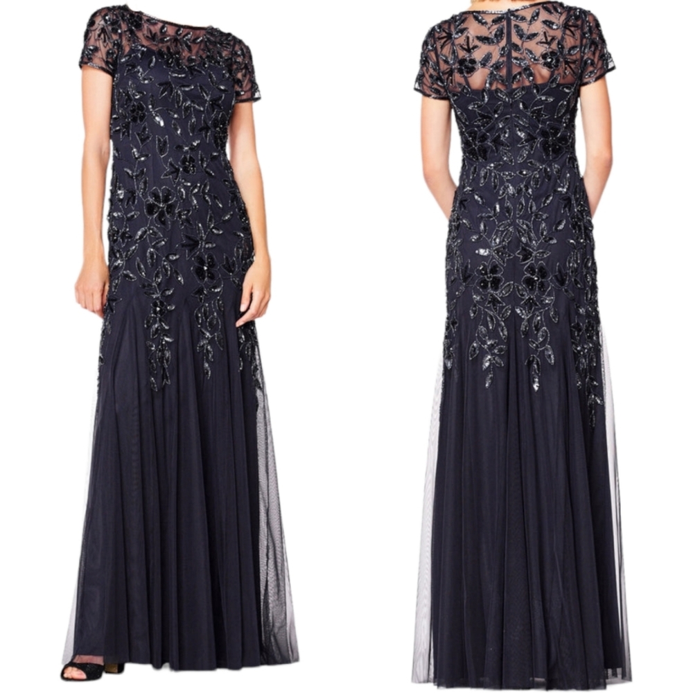 NWT ADRIANNA PAPELL Beaded Floral Godet Gown in Black Gunmetal 12
